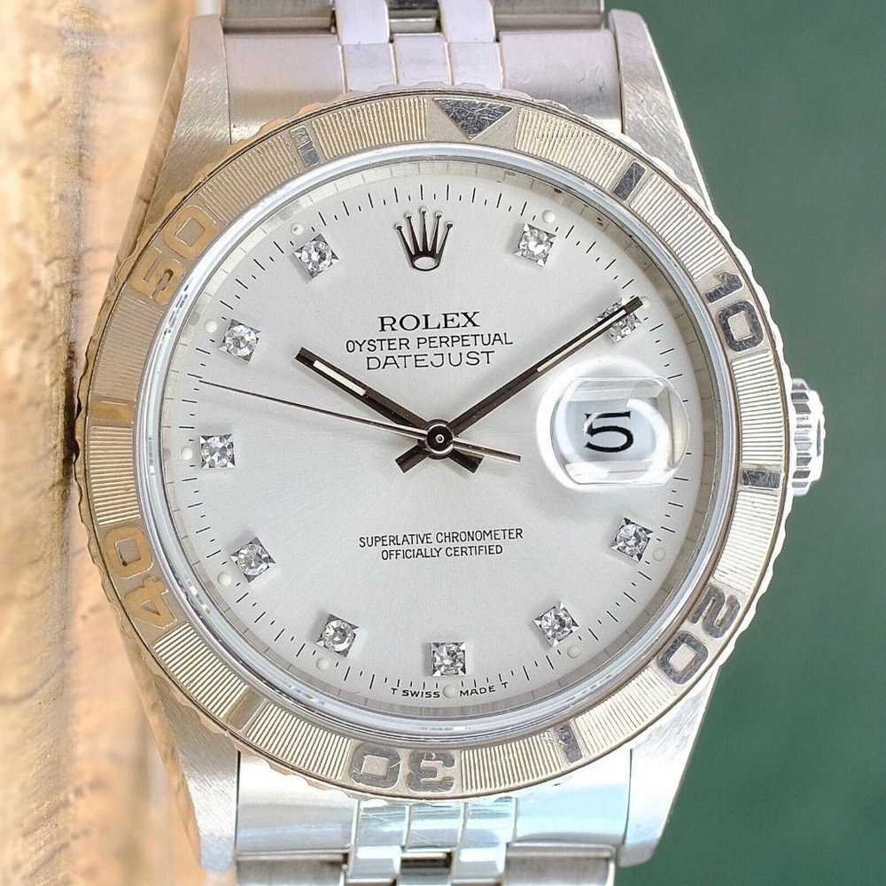 ROLEX DATEJUST SILVER DIAMOND DIAL 18KW TURN-O-GRAPH STEEL JUBILEE WATCH 16264